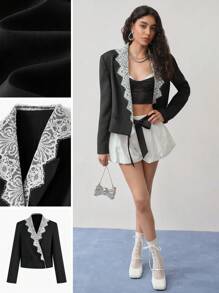 MOTF STUDIO CONTRAST LACE DOUBLE BREASTED CROPPED BLAZER, COLORBLOCK BLAZER, SPRING BLAZER