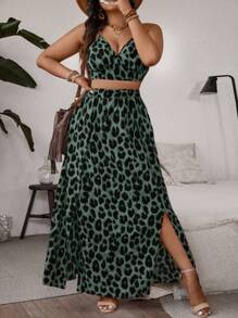 SHEIN VCAY 2pcs Plus Size Leopard Print Sling High Split Hem Skirt Set, Casual Holiday Outfit - Green - View 5