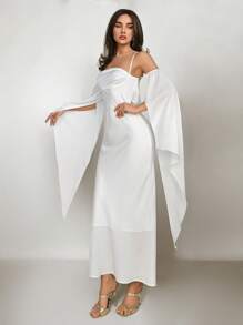 Aloruh Women's Elegant Satin Dress, White, For Wedding, Date, Prom, Backless Spaghetti Strap Flare Sleeve - White - View 3
