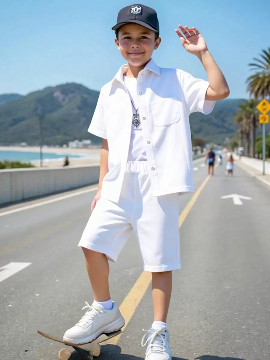 SHEIN Tween Boy Solid Pocket Patched Button Up Shirt With Shorts Without Tee - White - View 1
