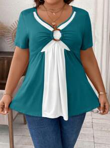 SHEIN LUNE Plus Size Women Contrast Ruffle Short Sleeve Casual T-Shirt - Teal Blue - View 1