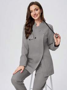 Scrubzie 2pcs Women Scrub Uniform Set, Wrinkle-Resistant Stand Collar Long Sleeve Top And Pants