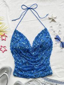 Soleia 优雅波西米亚热带度假露背无袖衬衫，带褶饰领带设计，适合海滩婚礼、毕业典礼、早午餐、圣帕特里克节、春假、复活节、音乐节 - 藍色 - 查看 4