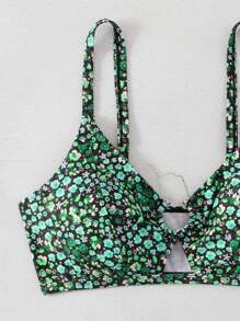 SHEIN Swim Curve 大码女式花卉印花连体细肩带性感休闲泳衣上衣，适合度假 - 綠色 - 查看 3