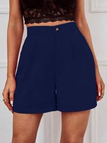 Chiquease Casual & Commuting Solid Color Pleated Shorts - Navy Blue - View 5