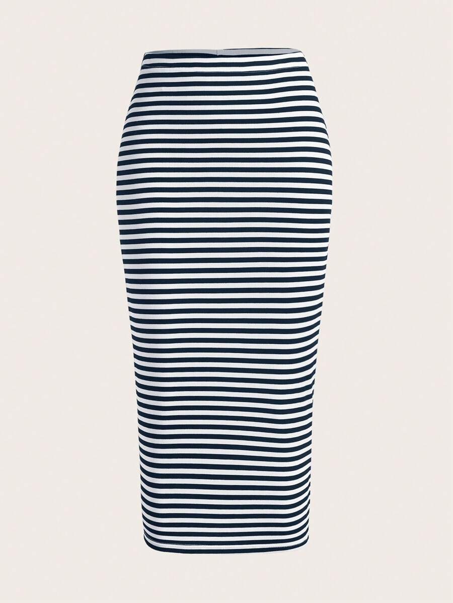 SHEIN EZwear Navy Blue Plus Size Women Striped Skirt - Navy Blue - View 1