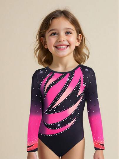 1 Stück Mädchen Gymnastikanzug, niedlicher Langarm-Gymnastikanzug, Tanzanzug Sportbekleidung, schwarze dehnbare Sportbekleidung