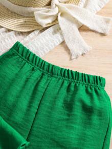 Set de 2 piezas con top sin mangas con volantes + pantalones anchos para niñas, outfit casual de vacaciones en la playa, a juego con hermana, azul - Verde - Ver 4