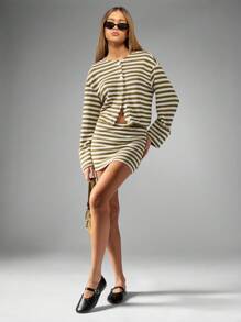 MISSGUIDED Bộ đồ hai mảnh áo len dệt kim cài nút và váy ngắn có gân Bộ đồ sọc thời trang mặc nhà thu đông - Màu xanh Ô liu - Xem 5