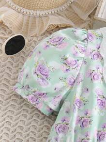SHEIN 1 pièce Robe d'été à fleurs, col papillon à bordure en maille, manches bouffantes, pour vacances, printemps/été, pour filles
