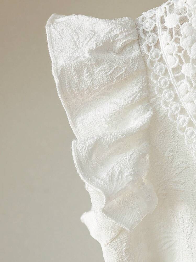 SHEIN Vestido Princesa Cintura Alta com Babado no Colarinho, Textura Jacquard de Cor Sólida, Manga Curta, Elegante para Meninas, Adequado para Viagem, Férias, Festa, Presente de Aniversário, Verão - Branco - Visão 4