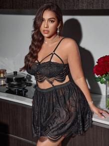 SilkySpell Plus Size Sexy Lace Trim Spaghetti Strap Nightgown, Captivating Allure Sleepwear - Black - View 3