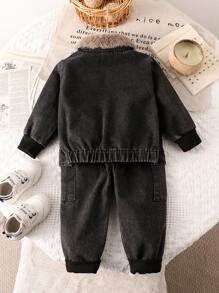 3pcs/Set Baby Boy Fashion Casual High Collar Top, Fleece Denim Jacket And Long Denim Pants Outfit - Black - View 2