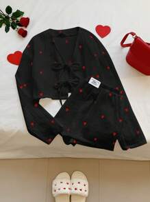 Conjunto de top de manga larga y pantalones cortos con estampado de corazones rojos y blancos, conjunto de Navidad para mujer - Negro - Ver 6