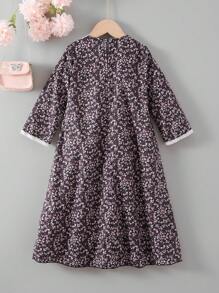 Vestido largo con adorno de encaje con motivos florales y de espiga de trigo para niña pequeña para uso diario, conjunto a juego madre-hija (se venden 3 piezas por separado)