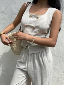 SHEIN Frenchy 2-częściowy damski jednolity kolor bezrękawnik i spodnie, minimalistyczny i modny na lato