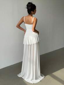 Aloruh White Summer Elegant Dining Dress For Women,Spaghetti Strap Ruched Floral Patch Asymmetrical Ruffle Hem Extra Long Prom Wedding Guest Vacation Outfit - White - View 2