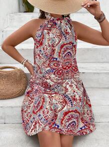 SHEIN VCAY Plus Paisley Print Halter Neck Summer Dress - Apricot - View 1