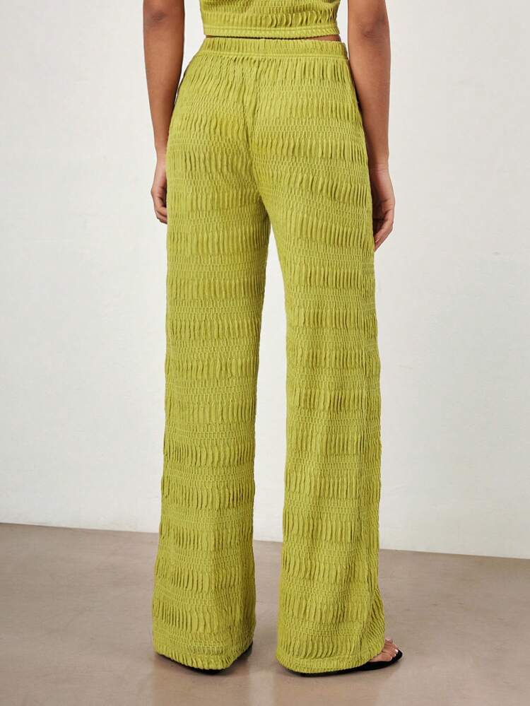 SHEIN Maija 2025 Summer New Women Green Textured Pants, Fashionable Simple Versatile Summer Elegant Outing Resort Straight Pockets Casual Slim Leg Office Pants,High Waist Spring Break Beach Music Festival Knit Maxi Trousers