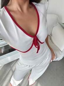 女士休闲撞色家居服套装，纯色短袖上衣和长裤