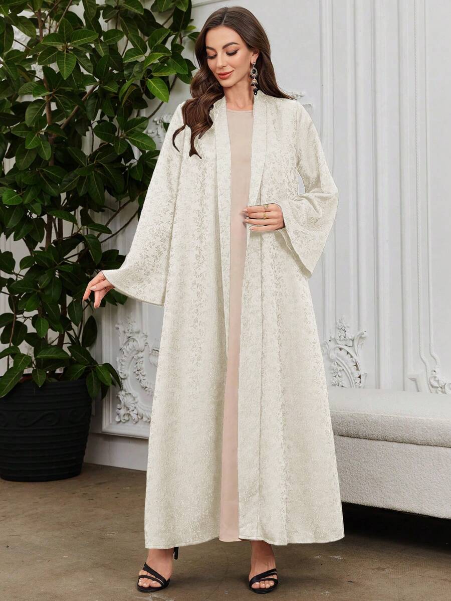 Al Najma Elegant Jacquard Texture Long Robe With Wide Lapel, Modest Abaya - Apricot - View 1