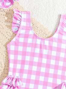 SHEIN Baby Girl One-Piece Swimsuit, Random Print With Ruffles, No Lock Edges, Free Swim Cap - Multicolor - View 4