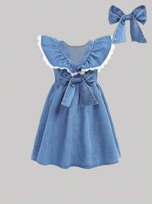 SHEIN Young Girl' White Lace Trim Blue Denim Short Cap Sleeve Dress,Kid Girls Spring And Summer Casual Vacation Country Boho Wear, Beach Outfits For Kid Girls,Easter Dress, Spring Break Spring Break Outfits Outfits