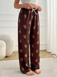 RueChic Women High Quality Soft Touch Viscose Contrast Colour Ribbon With Cute Bear Pattern Lounge Bottom - Brown - View 4