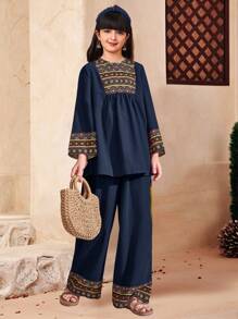 Koszulka z nadrukiem w stylu Tween Girl Woven Solid Patchwork z nadrukiem w kształcie dzwonka z nadrukiem w pozycjonującym stylu Luźne szerokie spodnie z szerokimi nogawkami Zestaw 2 częściowy, styl wiejski, swobodne wakacje, podróże, boho, retro wakacje