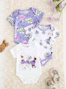 SHEIN 3 件套女婴休闲日常花朵和仙女印花百搭短袖连衣裙，适合户外玩耍或舒适的家居穿着 - 彩色 - 查看 1