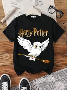HARRY POTTER X SHEIN Camiseta de manga corta informal y cómoda con estampado de dibujos animados para niño preadolescente, para el verano - Negro - Ver 1