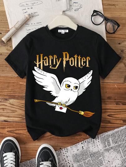 HARRY POTTER X SHEIN Tween Boy Svart Bekväm Casual T-shirt med kort ärm med tecknat tryck, sommar