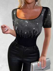 SHEIN Clasi Women's Elegant Rhinestone Square Neck T-Shirt, Stylish And Suitable For Summer - Black - View 6