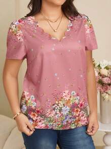 EMERY ROSE Plus Size V-Neck Puff Sleeve Floral Print Casual Shirt, Vacation,Summer Clothes,Vacation Outfits Woman / Vacation,Boho Women Clothing