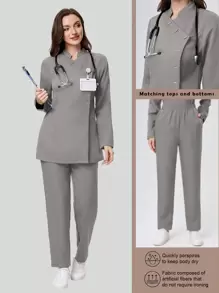 Scrubzie 2pcs Women Scrub Uniform Set, Wrinkle-Resistant Stand Collar Long Sleeve Top And Pants