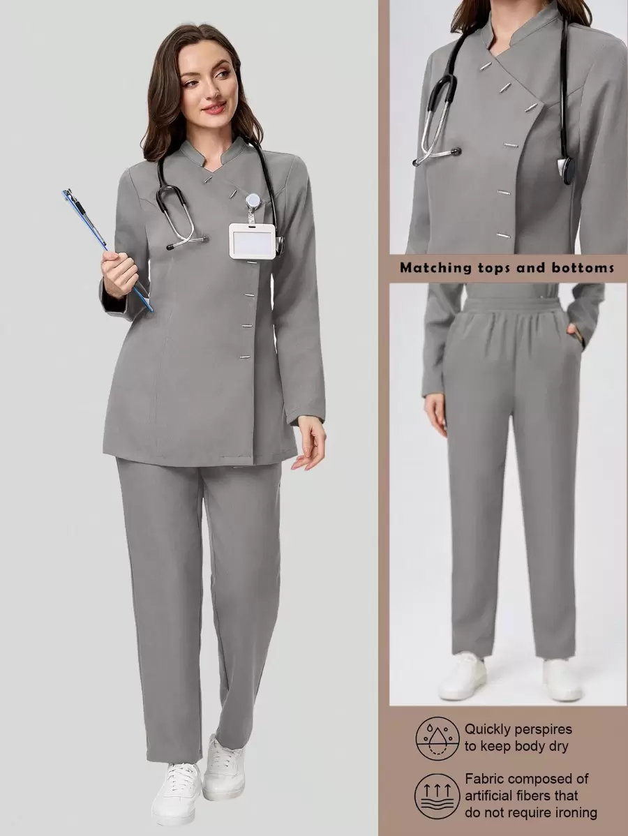 Scrubzie 2pcs Women Scrub Uniform Set, Wrinkle-Resistant Stand Collar Long Sleeve Top And Pants