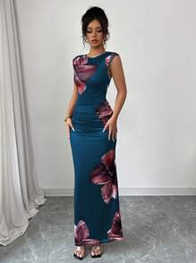 Elenzga Vacation Crew Neck Sleeveless Large Floral Print Simple Elegant Women's Dress - Blue - View 4