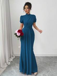 Elenzga Abito elegante e romantico da donna, con maniche lunghe, collo alla coreana, vita caratterizzata e decorato con perline