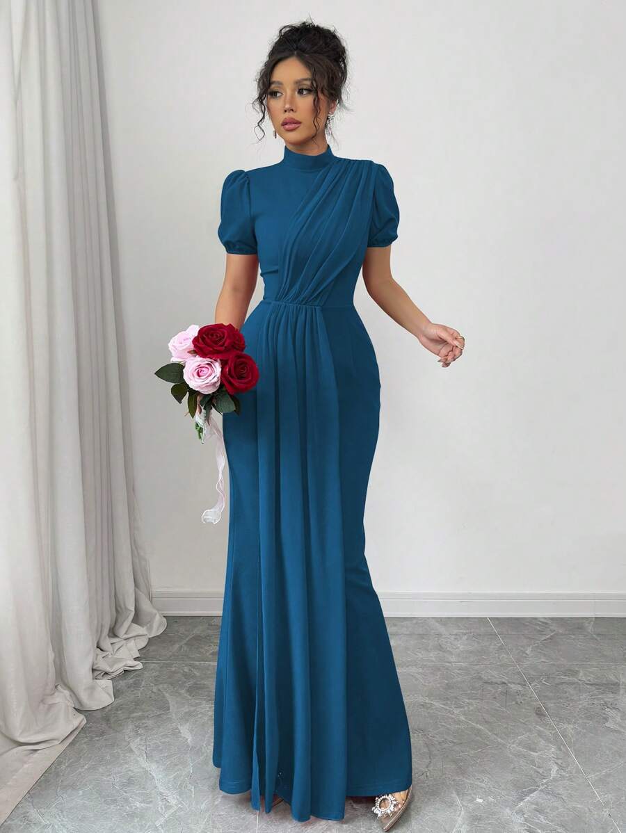 Elenzga Abito elegante e romantico da donna, con maniche lunghe, collo alla coreana, vita caratterizzata e decorato con perline