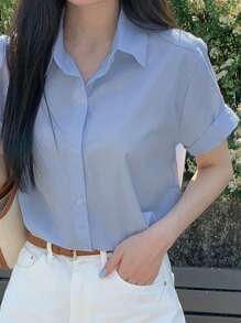 DAZY Women's Solid Color Casual Loose Turndown Collar Shirt For Commuting Preppy Tops Fall - Blue - View 1