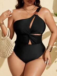 SHEIN Swim Curve Plus Size Women Solid Black Minimalist Elegant Slimming One-Piece Swimsuit & Beachwear For Summer Beach Vacation - Black - View 3