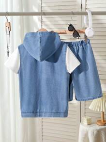 Explorewe Tween Boy Striped Denim Cargo Pocket Hoodie Vest, Round Neck Short Sleeve T-Shirt And Shorts 2Pcs Set Boys Clothes Outfit Sets