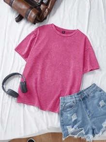 Comfortcana Día de San Valentín, camiseta de manga corta de corte holgado tejida con efecto vintage desgastado y lavado ácido, talla grande