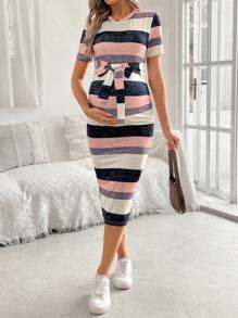 SHEIN Maternity Full Print Stretchy Knit Colorful Striped Pattern Long Dress - Multicolor - View 4