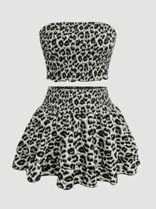 Sweetra 2pcs Set Leopard Print Bandeau Top And Leopard Skirt - Light Grey - View 1