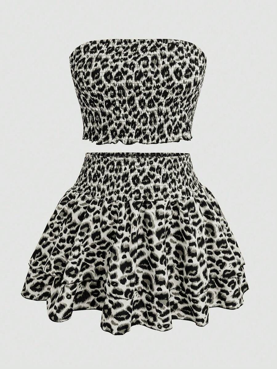 Sweetra 2pcs Set Leopard Print Bandeau Top And Leopard Skirt - Light Grey - View 1