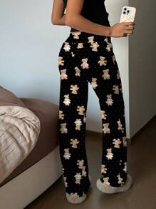 CovetEZ Bear Graphic Low Waist Drawstring Yoga Lounge Pants Fall Clothes Winter Clothes - Black - View 2