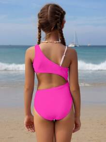 SHEIN Wildeya Mädchen asymmetrischer Ausschnitt Farbblock Badeanzug mit Hohldesign an der Taille, lila Strandoutfit