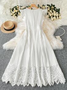 DreamSkyne Rochie de damă de mărime mare, înconjugată, culoare uni, mozaic, dantelă, mânecă lungă, talie strânsă, rochie minimalistă elegantă - alb - Vizualizare 2