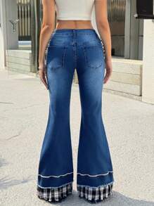 SHEIN EZwear 女式口袋格子拼布喇叭休闲百搭牛仔裤